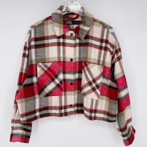 Zara Plaid Flannel‎ Snap Cropped Jacket Medium Classic Plaid Patch Pockets